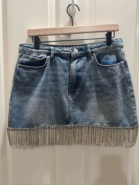 Blank NY Denim Mini Skirt with Silver Fringe